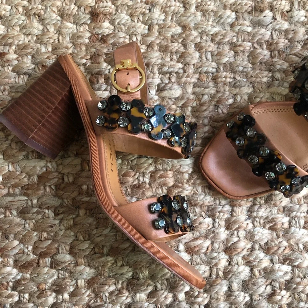 Tory Burch Delaney Embellished Heeled Sandal. Calf Leather. Size 6.5